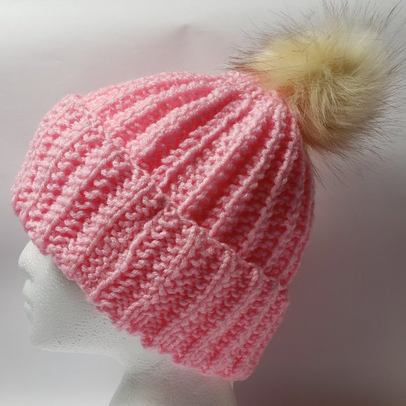 Pink Beanie Hat with Faux Fur Pom Pom